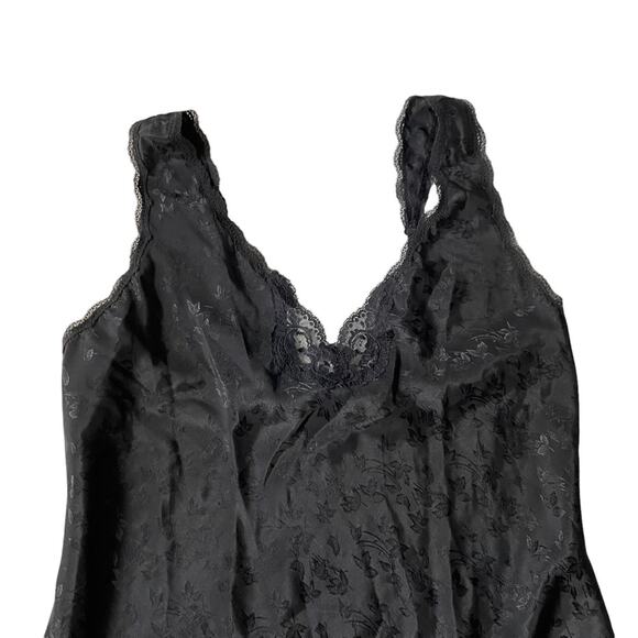 Vintage 1970s Barbizon Slip Dress Midi Lace Trim Floral Vines Black L EUC - Picture 2 of 13